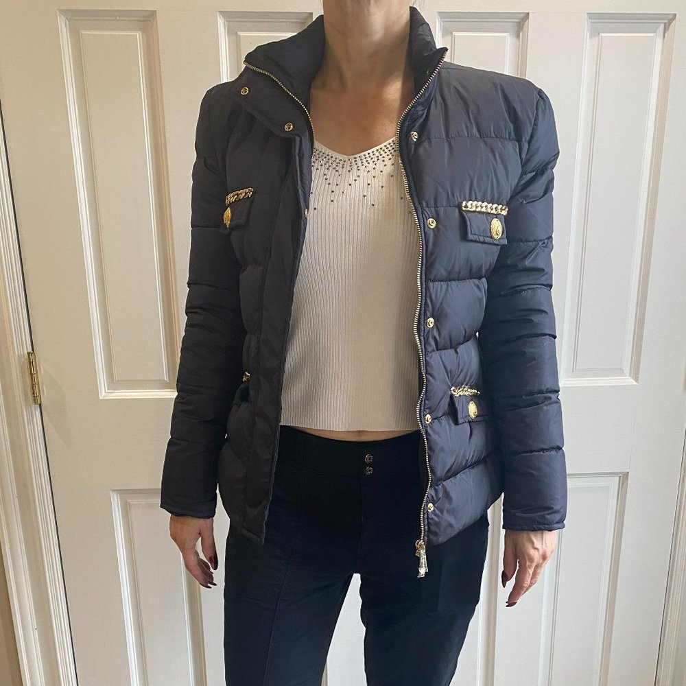 Flavio Castellani Navy Bomber Jacket with Golden Zippers Size 44 Made in Italy